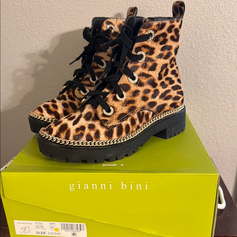 Gianni Bini Leopard Print Lace-Up Ankle Boots with Chain Trim - Black & Brown